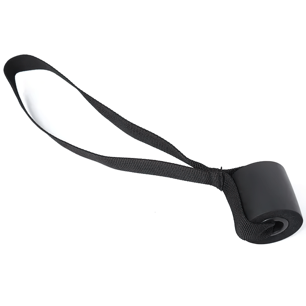 Black adjustable door yoga stretch strap with D-ring for flexibility and balance, ideal for yoga, dance, and fitness training.