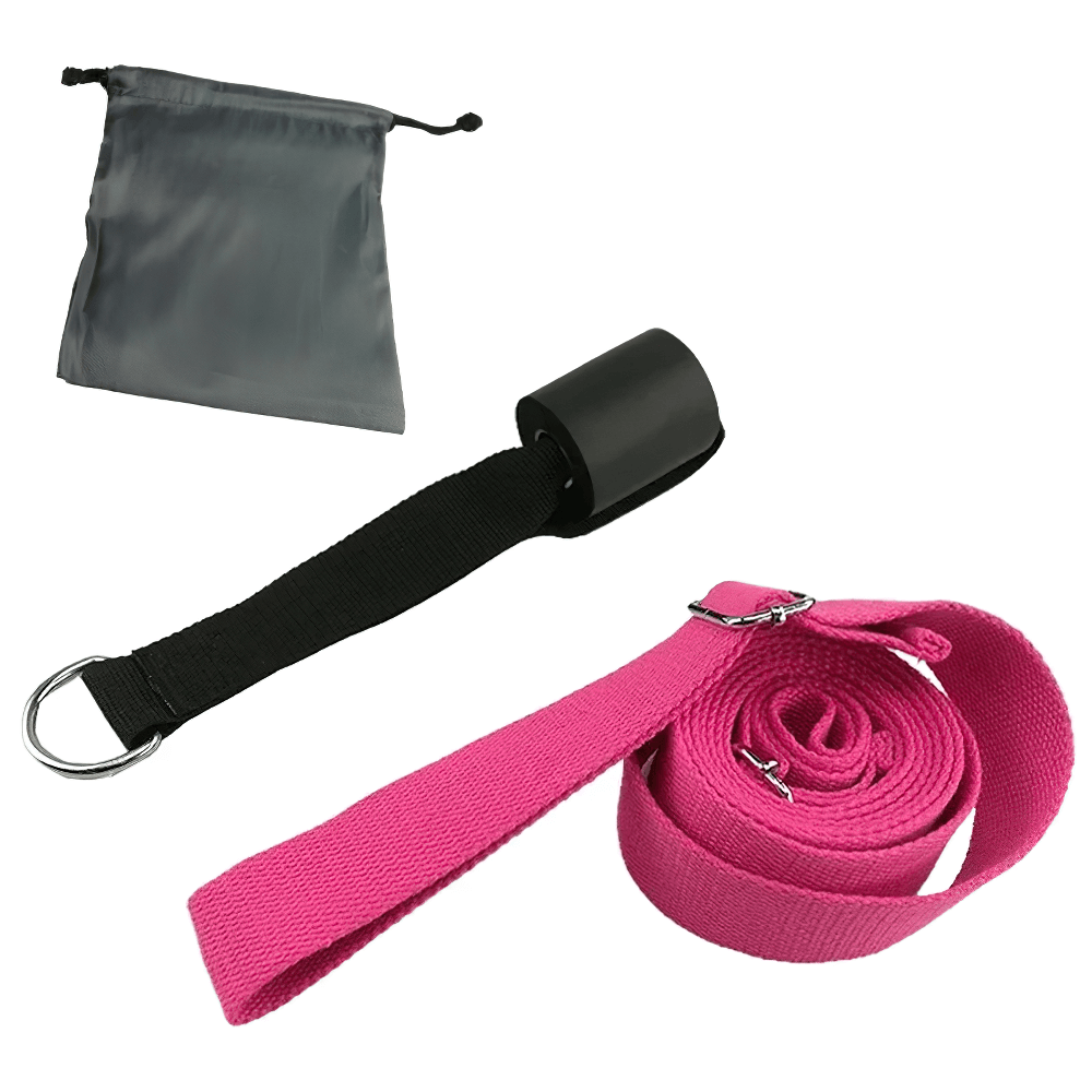 Pink door yoga stretch strap with D-ring, black door anchor, and carry bag for yoga and dance flexibility training.