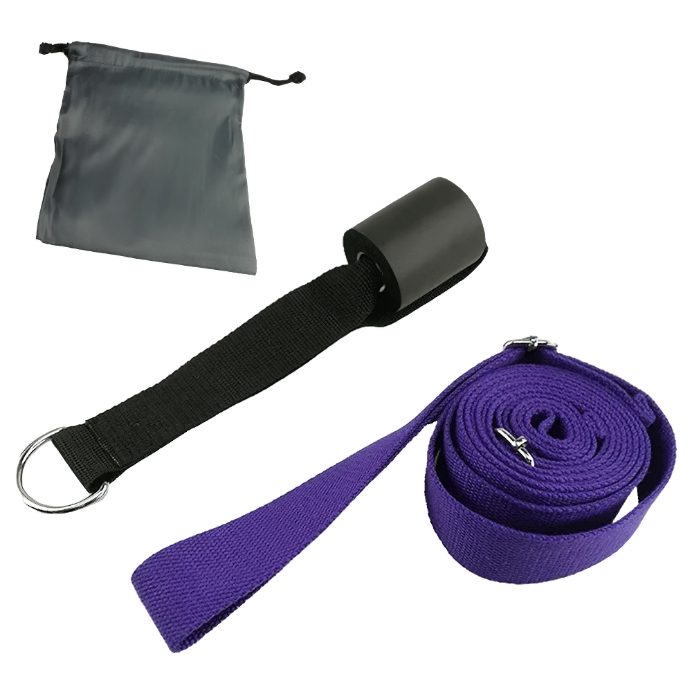 Purple door yoga stretch strap with D-ring and adjustable loops for flexibility training, includes a secure door anchor and carry bag.