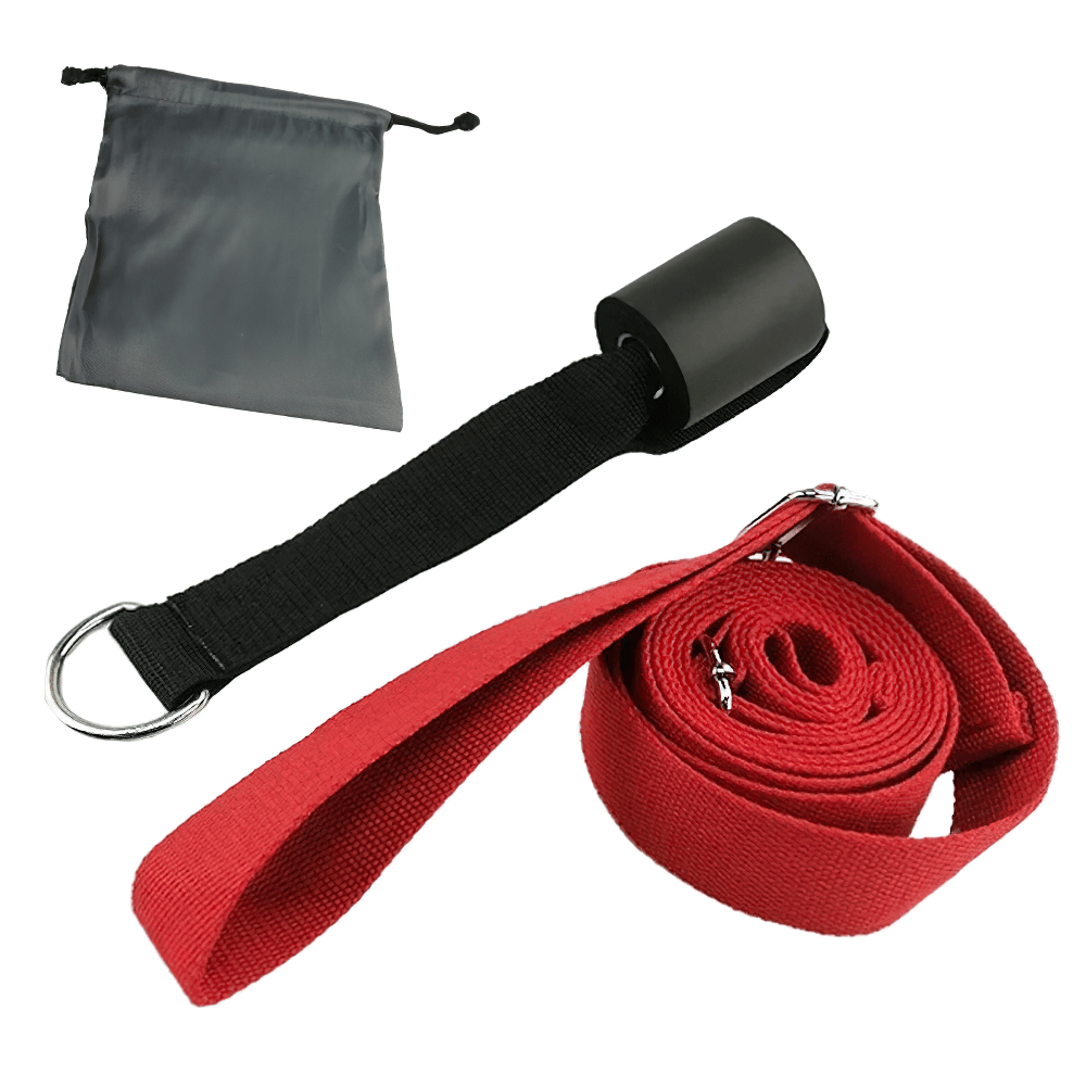 Red door yoga stretch strap with D-ring and door anchor, ideal for yoga, dance, and flexibility training. Includes a convenient carry bag.