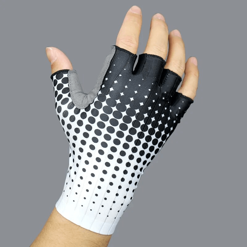 Unisex dot cycling gloves with black and white gradient design, showcasing breathable fabric and shock-absorbing pads on a hand model.