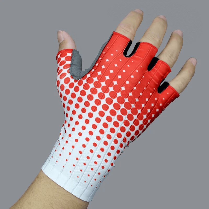 Red and white dot cycling gloves for men and women, showcasing ergonomic design and breathable microfiber material with adjustable fit.