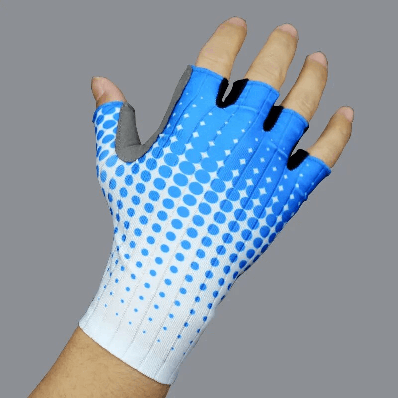 Blue Dot Cycling Gloves for Men and Women featuring breathable microfiber, ergonomic fit, and shock-absorbing palm pads on a grey background.