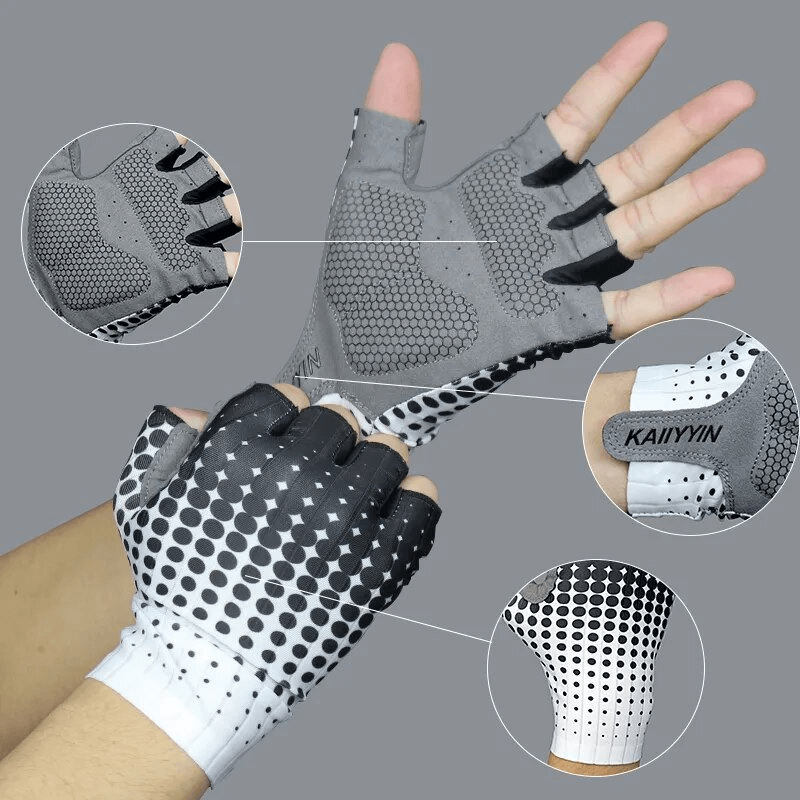 Unisex dot-patterned cycling gloves with palm padding and breathable design for men and women, ideal for sports and biking.