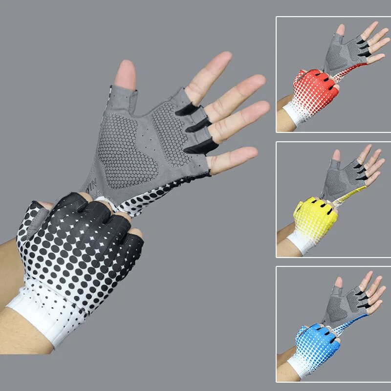 Colorful dot cycling gloves for men and women, featuring breathable microfiber, shock-absorbing pads, and adjustable fit.