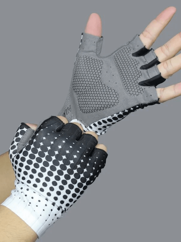 Unisex Dot Cycling Gloves in black and white, featuring ergonomic design, breathable microfiber, and shock-absorbing pads for cyclists.