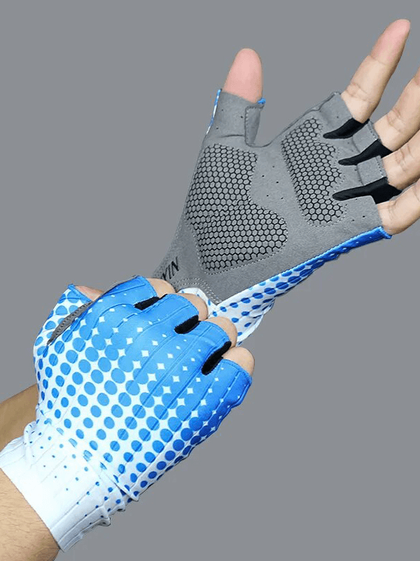 Unisex Dot Cycling Gloves with blue and grey design, featuring breathable microfiber and shock-absorbing palm pads for ergonomic comfort.