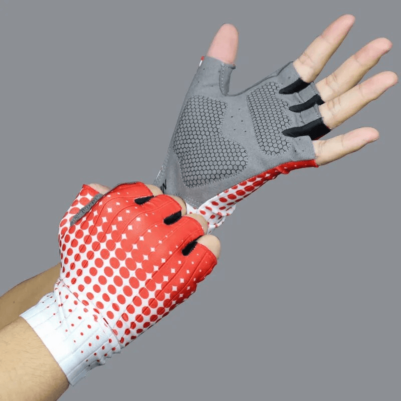 Dot Cycling Gloves for Men and Women - Red and Gray Aero Bike Gloves with Shock-Absorbing Pads and Breathable Microfiber.