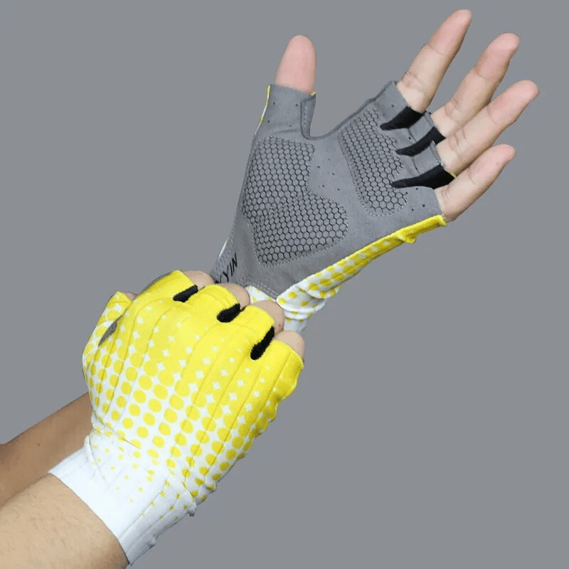 Unisex Dot Cycling Gloves SF1561, yellow sports bike gloves with breathable microfiber and shock-absorbing pads for comfort and style.