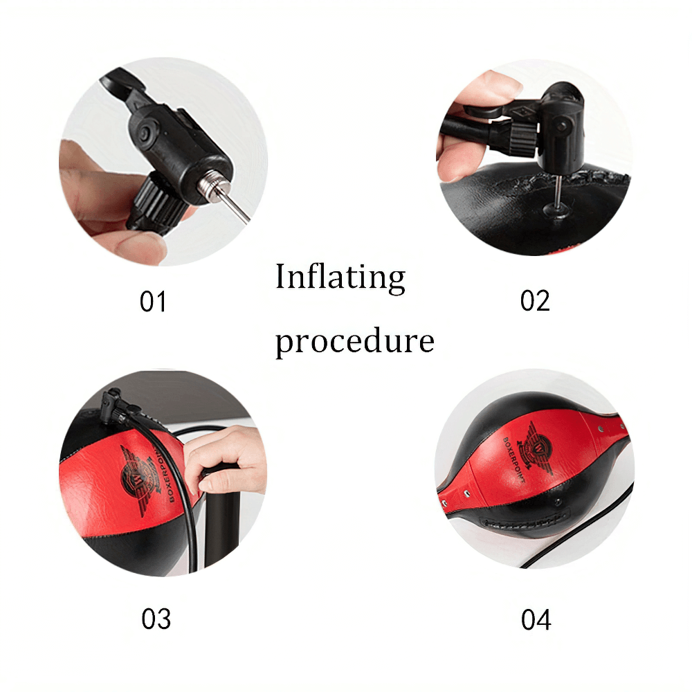 Step-by-step inflating instructions for SF2724 Double End Boxing Speed Bag, showing needle and pump attachment.