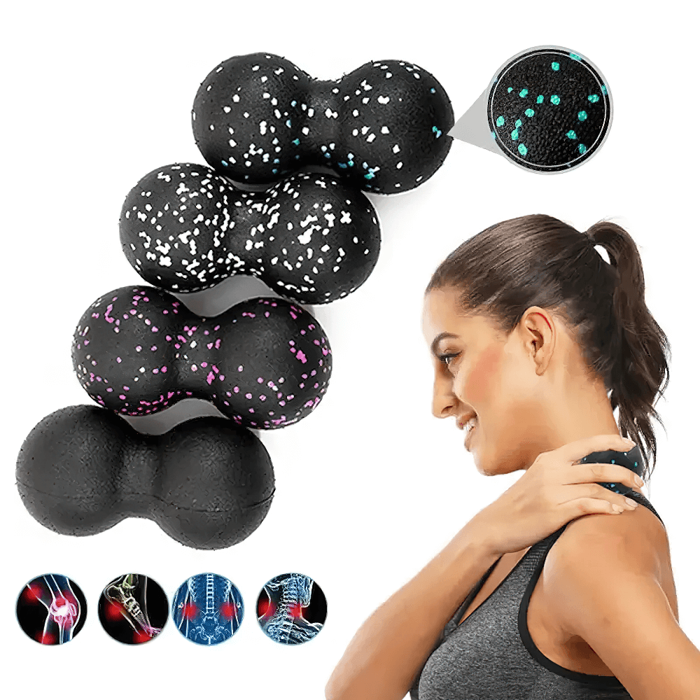 Double-sided massage ball for deep muscle relief in back and shoulders with ergonomic design, shown with user in use.