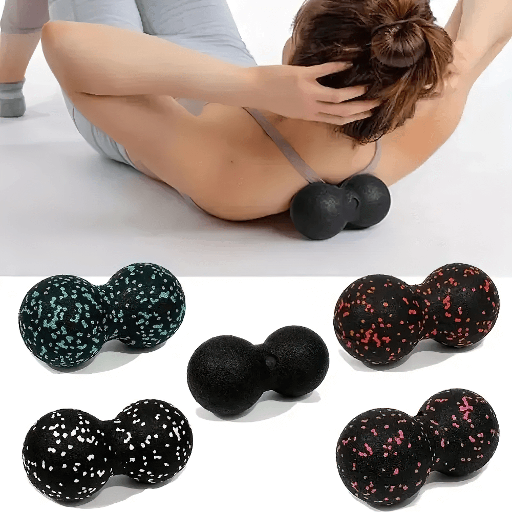 Person using a double-sided massage ball for muscle relief on their back, shown with various colored dual-sphere designs.