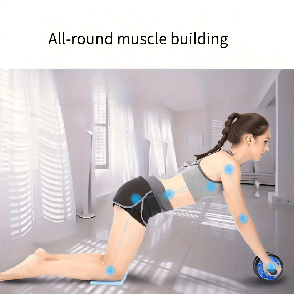 Woman using double-wheel ab roller for muscle building in a home workout setting with highlighted muscle groups.