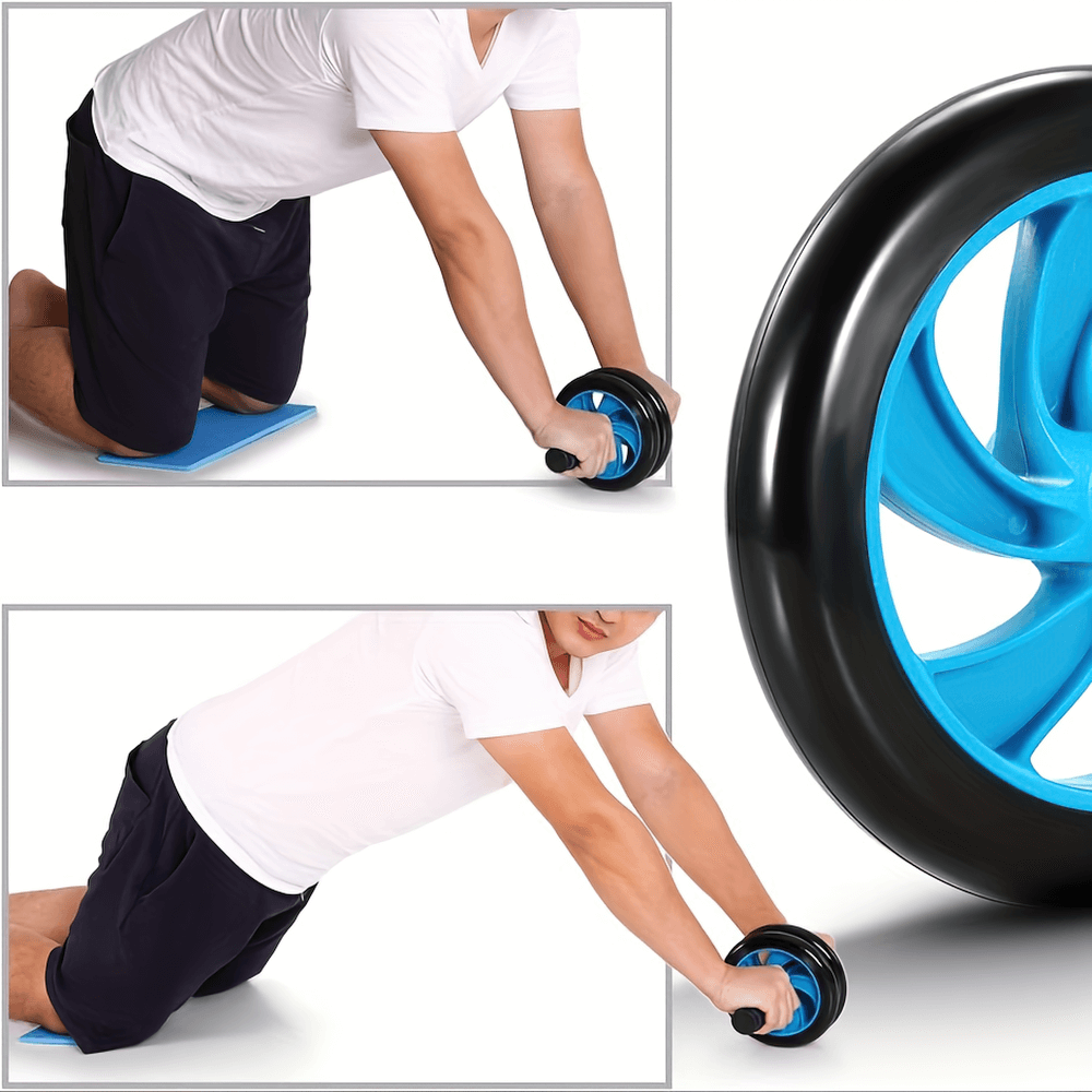 Man using SF2800 double-wheel ab roller with knee pad for core training and muscle toning at home.