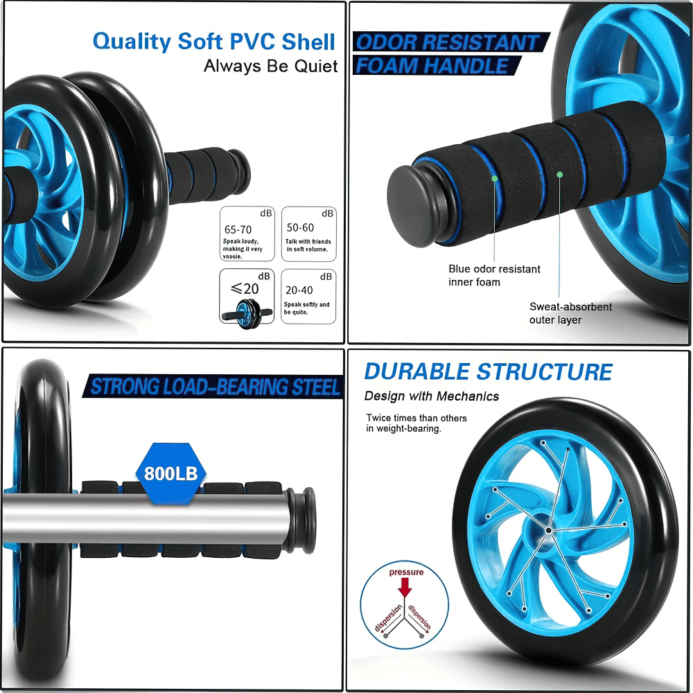 Double-wheel ab roller with soft PVC shell, odor-resistant foam handle, strong steel load-bearing, and durable structure for workouts.