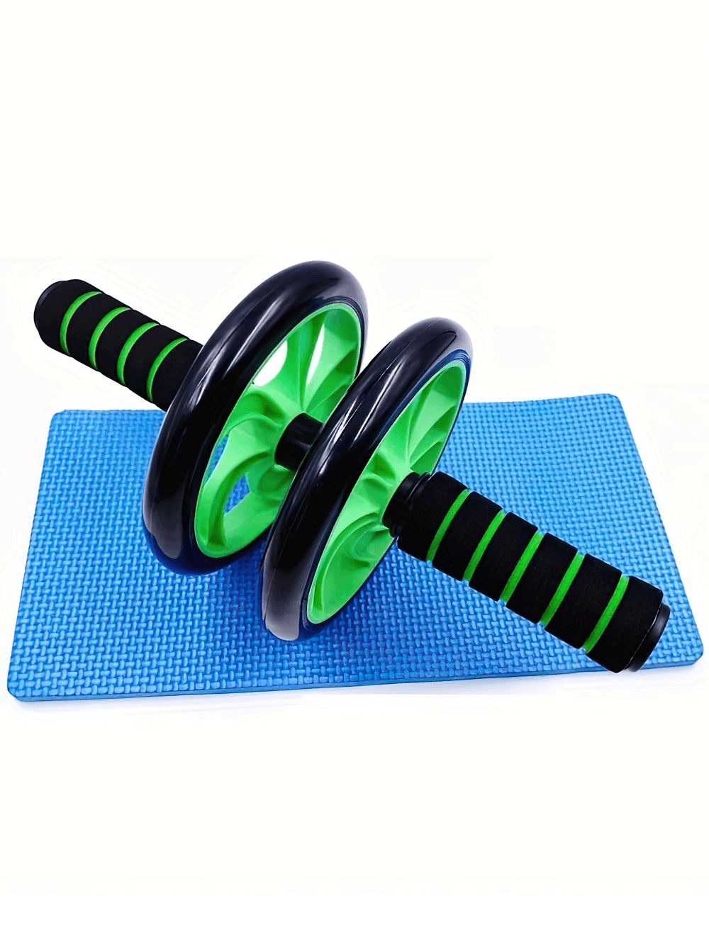 Double-wheel ab roller SF2800 with ergonomic foam handles on a blue knee pad, perfect for core strengthening and muscle toning workouts.