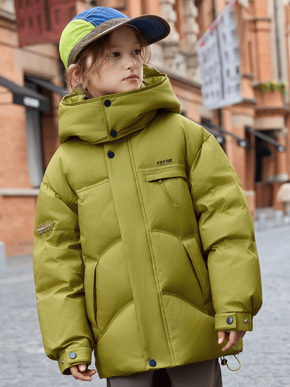 Child wearing olive Down Jacket with Hood and Warm Padding - SF3627, perfect for cold weather and outdoor adventures.