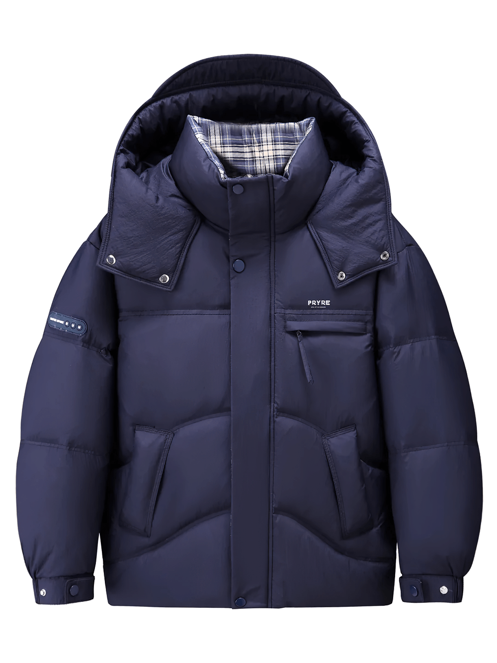 Navy Kids Winter Down Jacket with Hood and Warm Padding - SF3627, featuring thick insulation, detachable hood, and multiple pockets for outdoor wear.