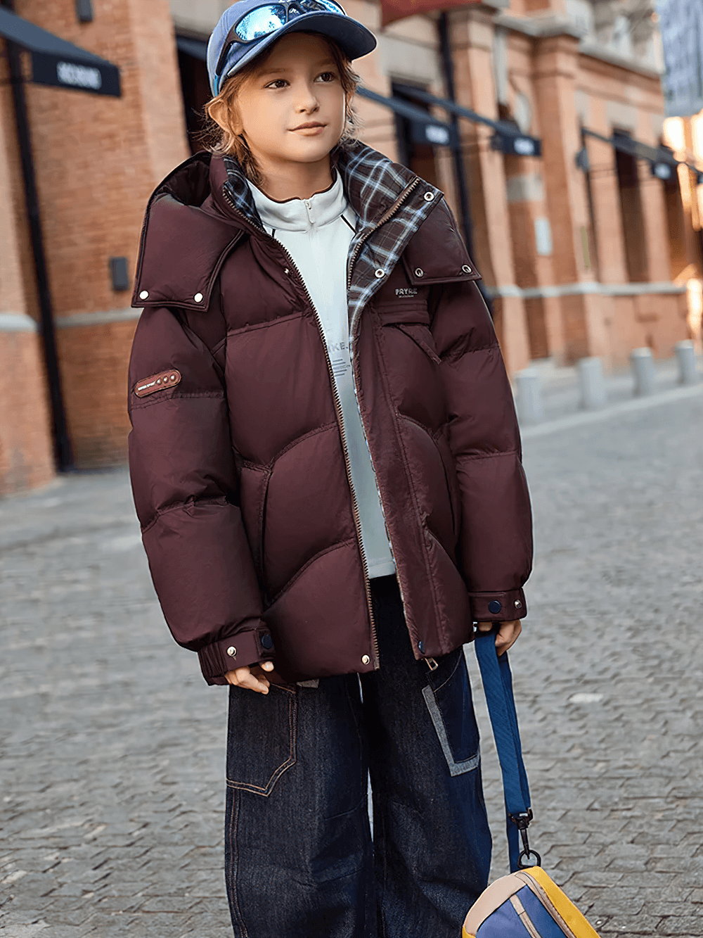 Child wearing a Down Jacket with Hood and Warm Padding - SF3627, stylish and warm for outdoor play, in a city setting.