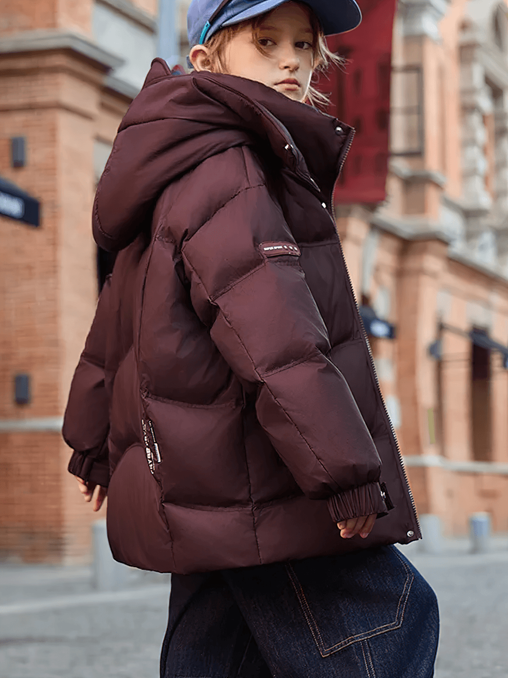 Child wearing Down Jacket with Hood and Warm Padding - SF3627, perfect for cold weather and outdoor wear, showcasing the stylish puffer design.