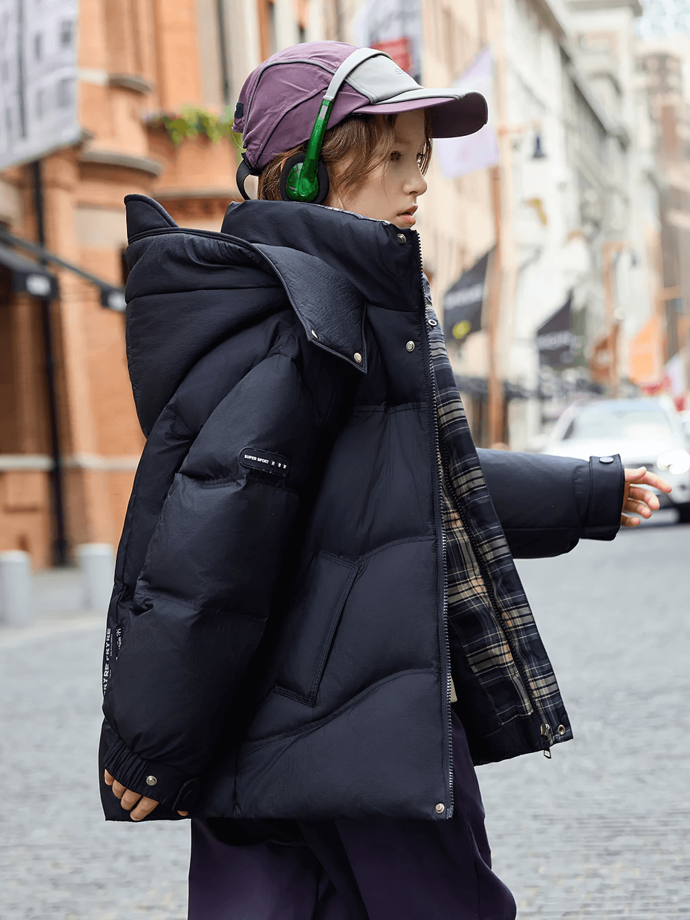 Child wearing Down Jacket with Hood and Warm Padding - SF3627 for winter, featuring detachable hood and elasticity on a city street.