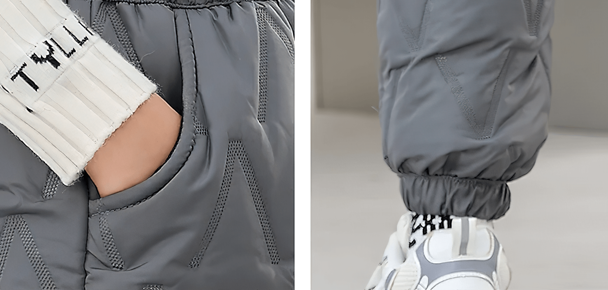 Child wearing Down Pants Warm Padded Ski and Snow Trousers - SF3733 with detailed view of pocket and elastic cuff.
