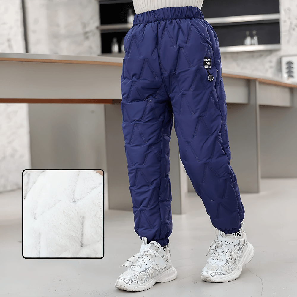 Child wearing Down Pants Warm Padded Ski and Snow Trousers - SF3733, showcasing thick insulation and stylish design for winter sports and play.