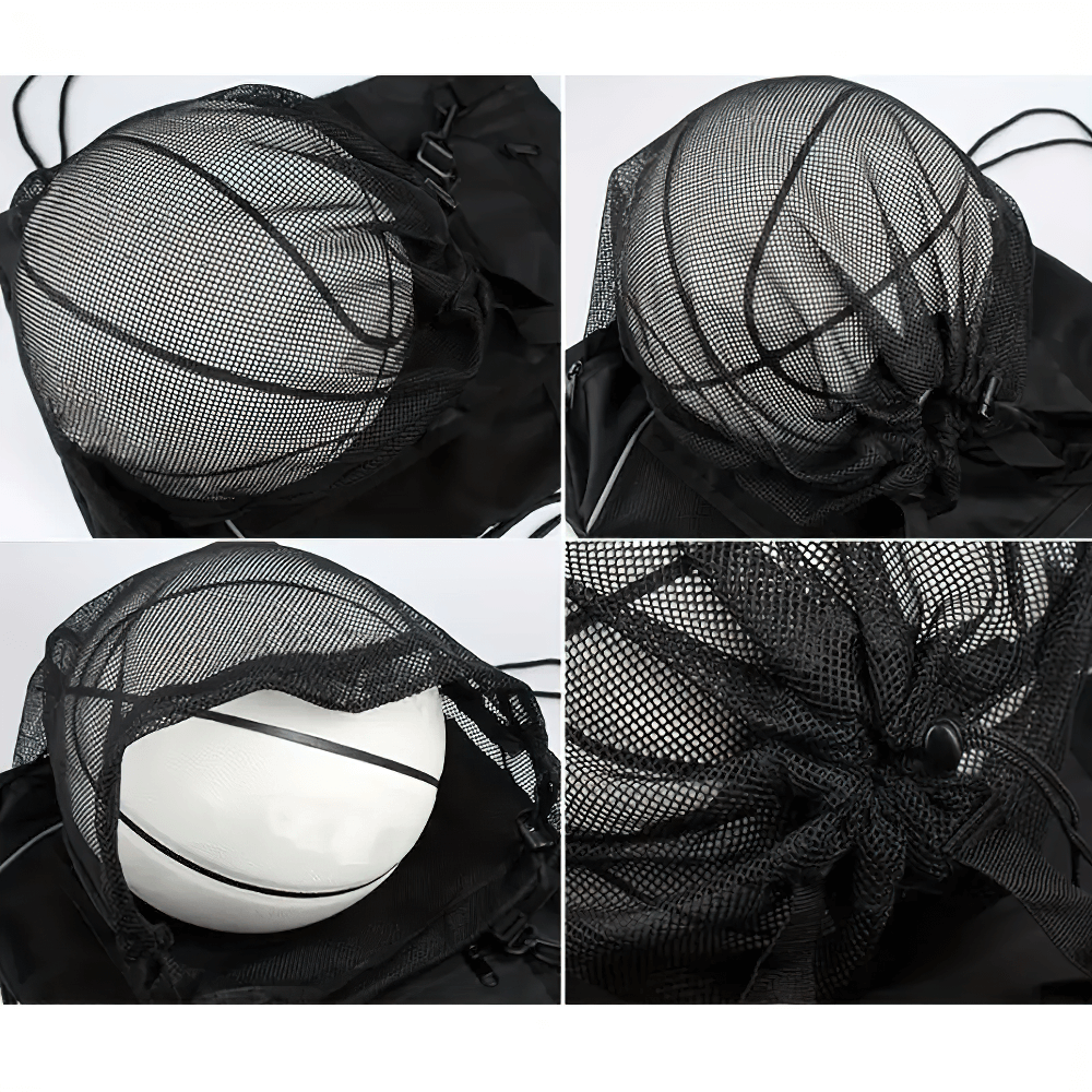 Collage of drawstring backpack with mesh and nylon pockets holding basketballs, ideal for gym and sports equipment storage.