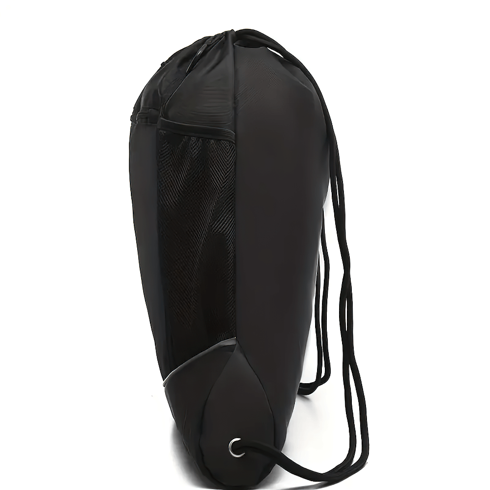 Black drawstring backpack with mesh and nylon pockets, perfect for gym or sports equipment storage. Model: SF2641.