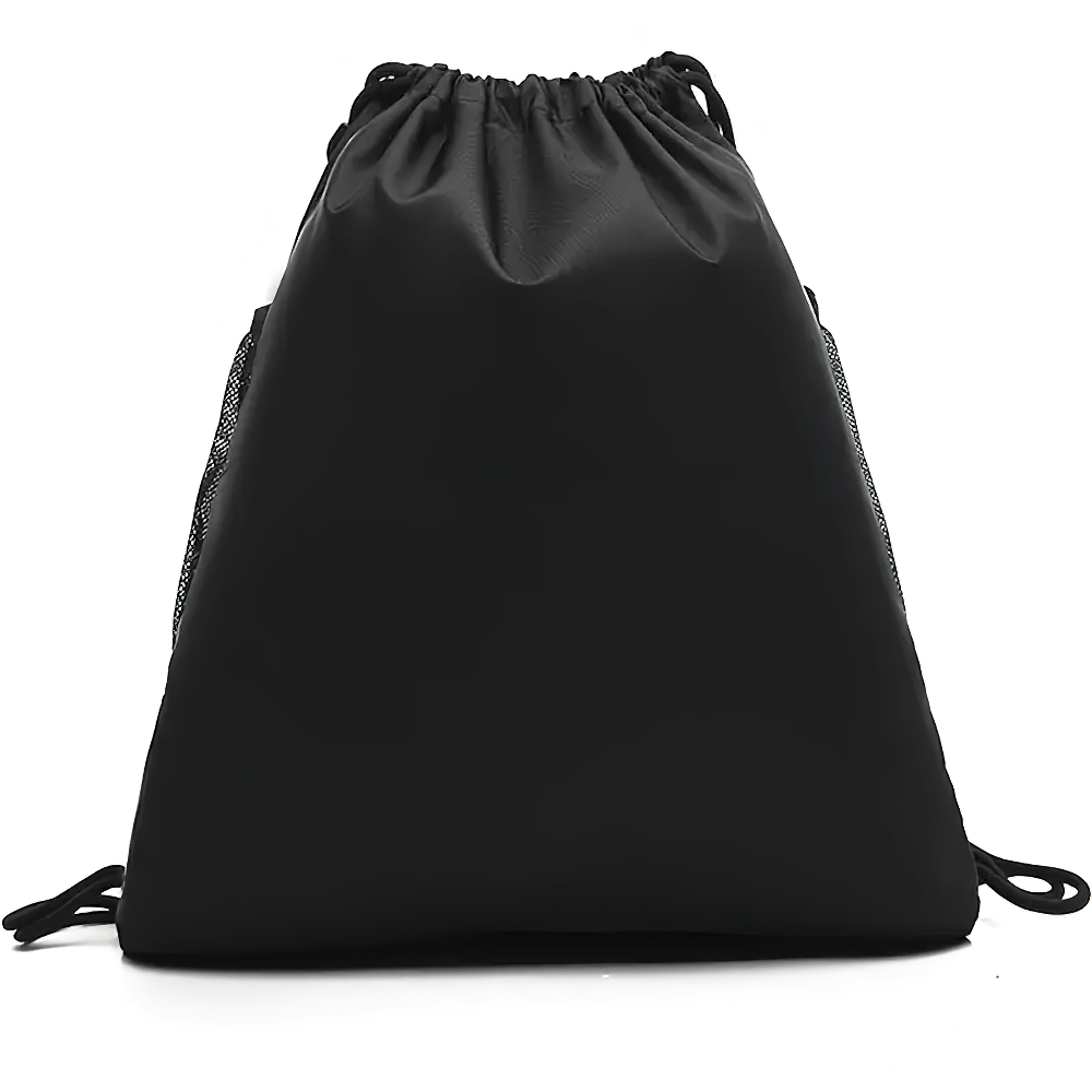 Black drawstring backpack with mesh and nylon pockets, ideal for gym and sports equipment storage. Durable, lightweight, and versatile.