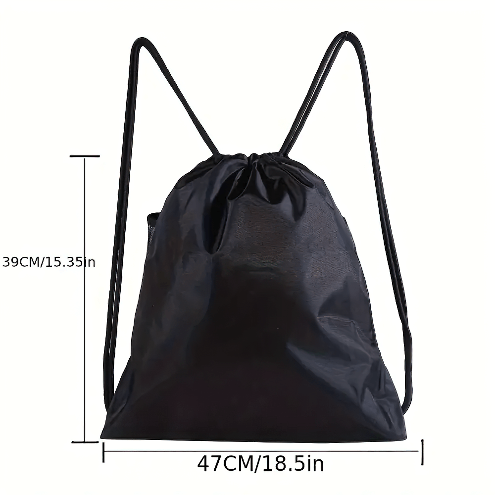 Black drawstring backpack with adjustable straps, breathable mesh, durable nylon pockets, ideal for sports equipment storage, size 47x39 CM.