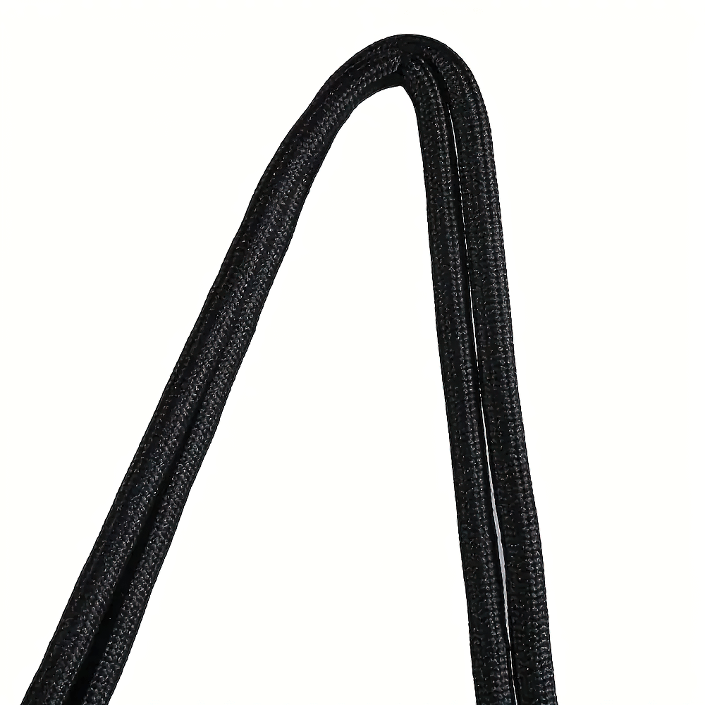 Close-up view of black drawstring from a durable sports backpack, featuring textured design for gym and sports equipment use.