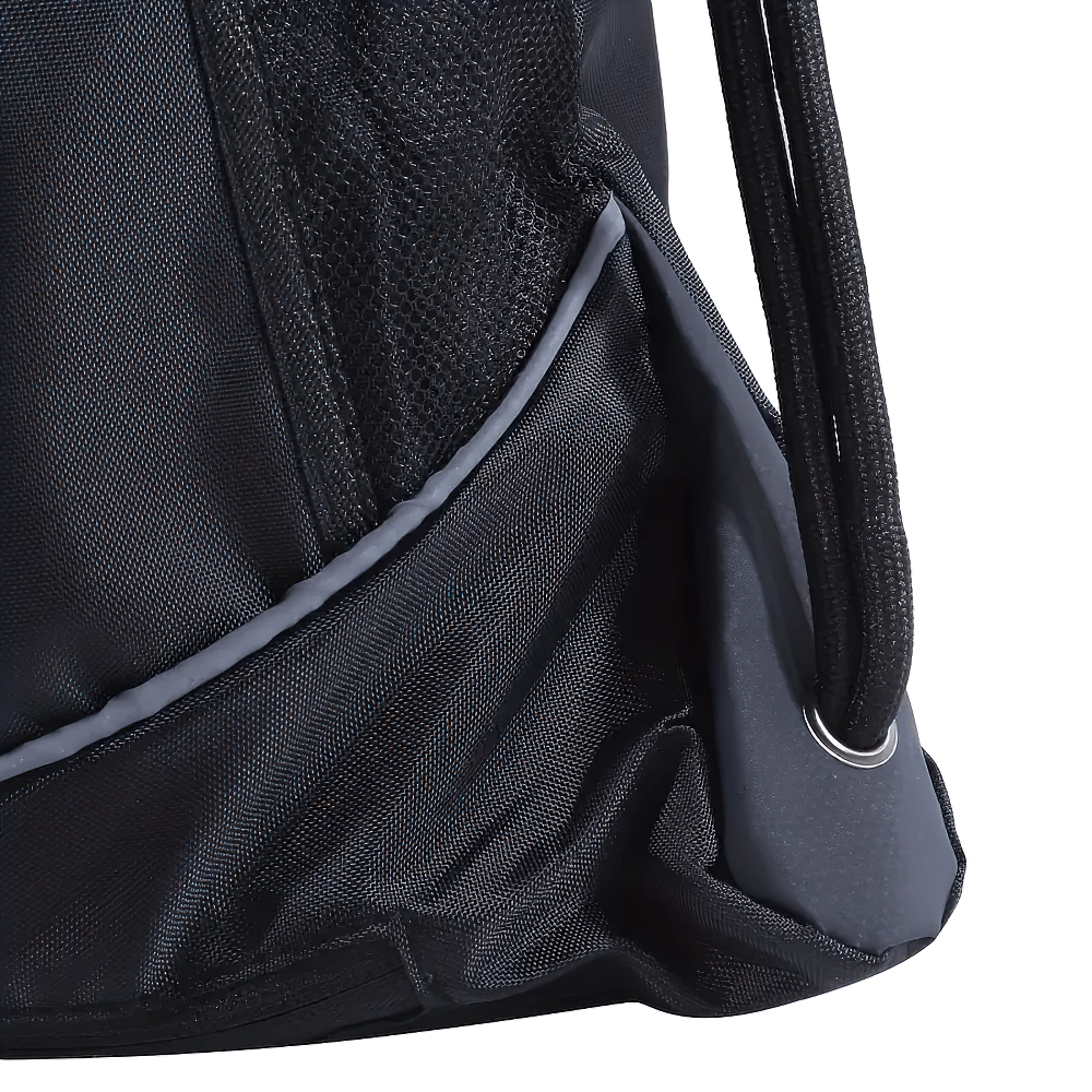 Close-up of drawstring backpack with mesh and nylon fabric, showing durable construction and spacious compartment design.