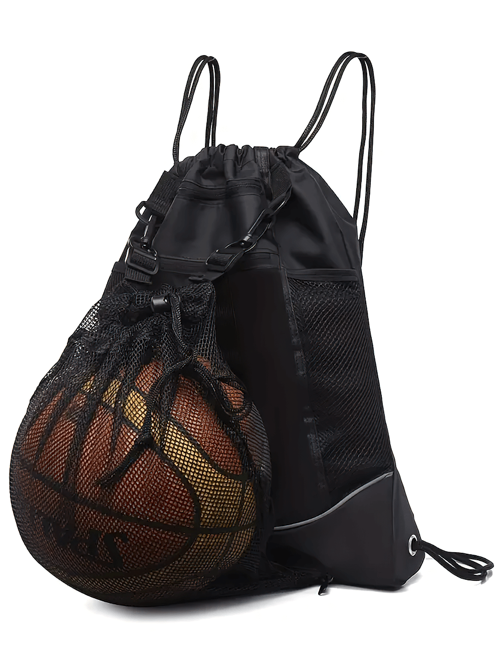 Durable drawstring backpack SF2641 with mesh and nylon pockets holding a basketball, perfect for gym and sports equipment storage.