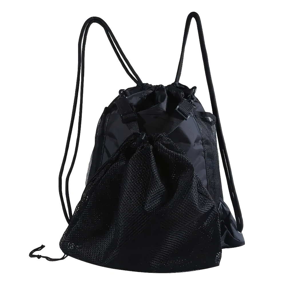 Black drawstring backpack with mesh and nylon pockets, perfect for gym gear and sports equipment storage. Model SF2641.