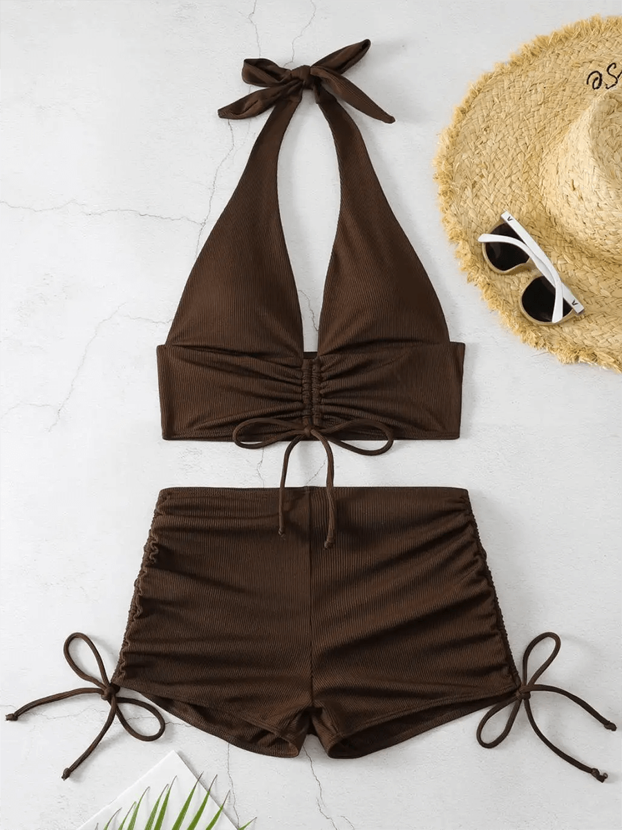 Drawstring Halter Neck Swimsuit with High Waist - SF2138