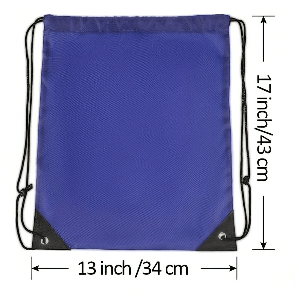 Blue nylon drawstring bag, 17x13 inches, ideal for gym, travel, yoga, sports, and outdoor activities. Perfect for men and women.