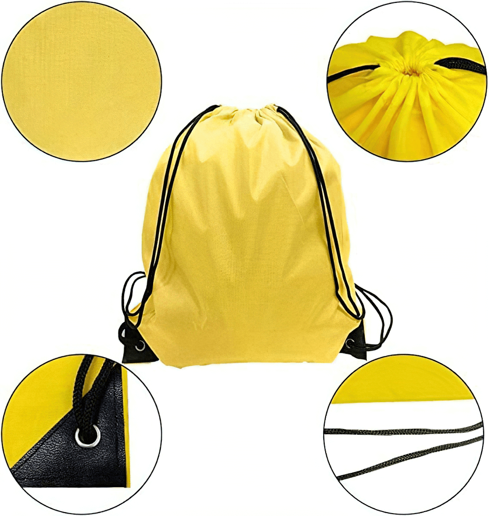 Yellow drawstring nylon bag with durable polyester, perfect for gym and travel. Features solid color and tape closure, ideal for outdoor use.