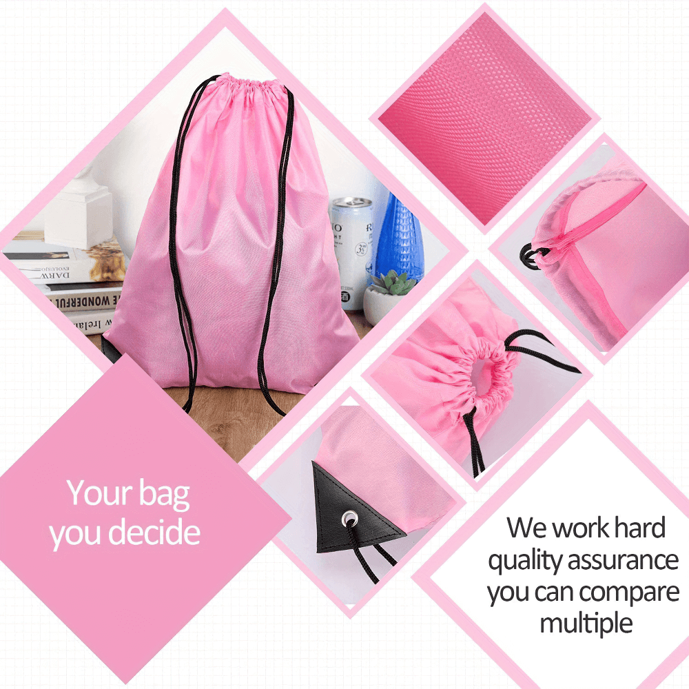 Pink drawstring nylon bag for gym and travel with close-up details of fabric, corners, and drawstring closure, perfect for active lifestyles.