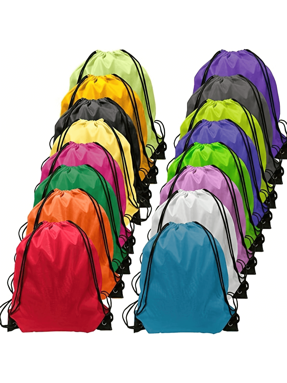 Colorful drawstring nylon bags for gym and travel, arranged in a row, displaying their vibrant hues and sturdy design. Perfect for active use.