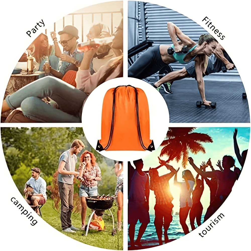 Orange drawstring nylon bag for gym and travel with lifestyle activities background, ideal for camping, fitness, and tourism.