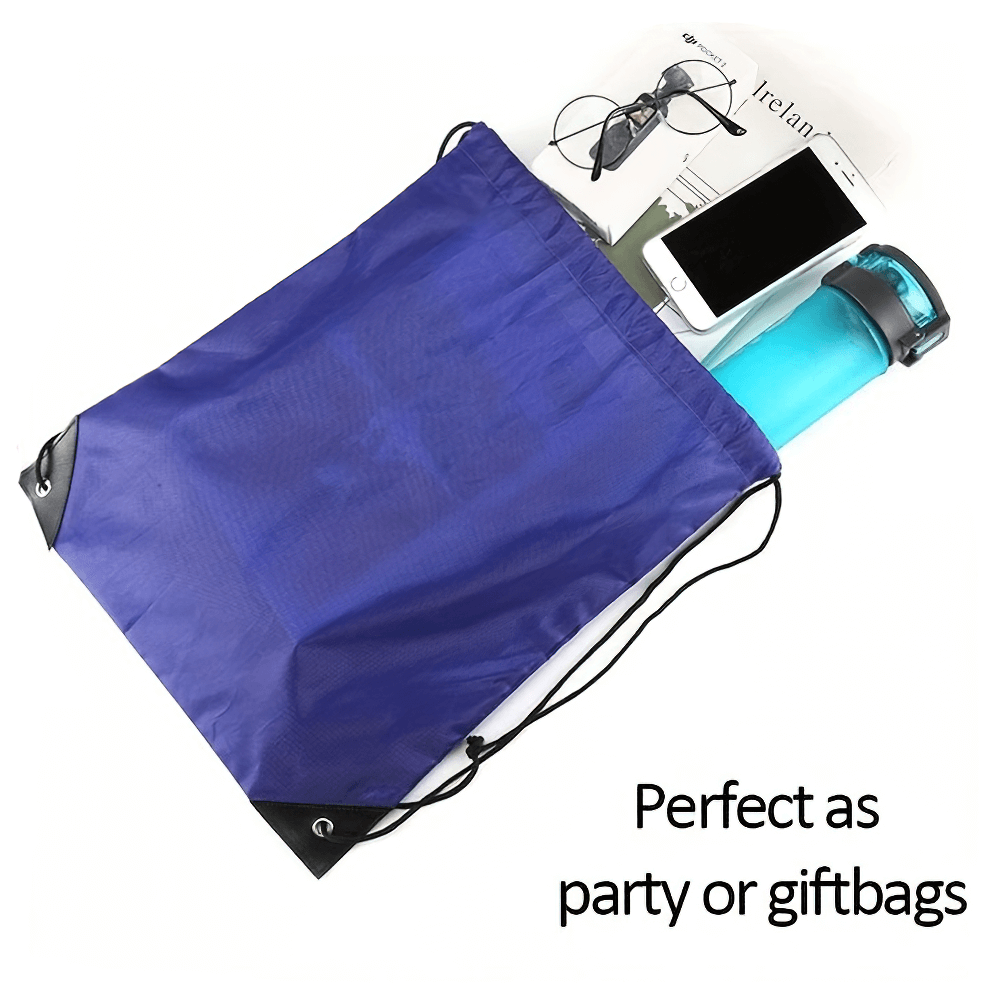 Purple drawstring nylon bag SF2640 with sunglasses, phone, and bottle, ideal for gym, travel, outdoor activities and versatile everyday use.