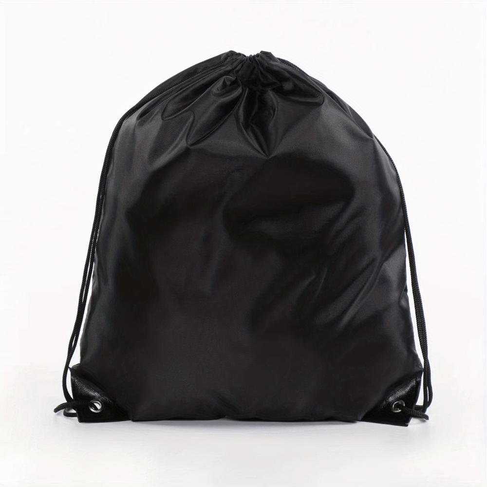 Black drawstring nylon bag for gym, travel, hiking, camping, sports, and yoga. Durable polyester design for active lifestyles.