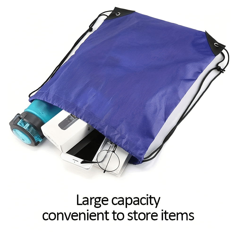 Blue drawstring nylon bag with large capacity, storing bottle and gadgets. Perfect for gym, travel, sports, outdoor activities.