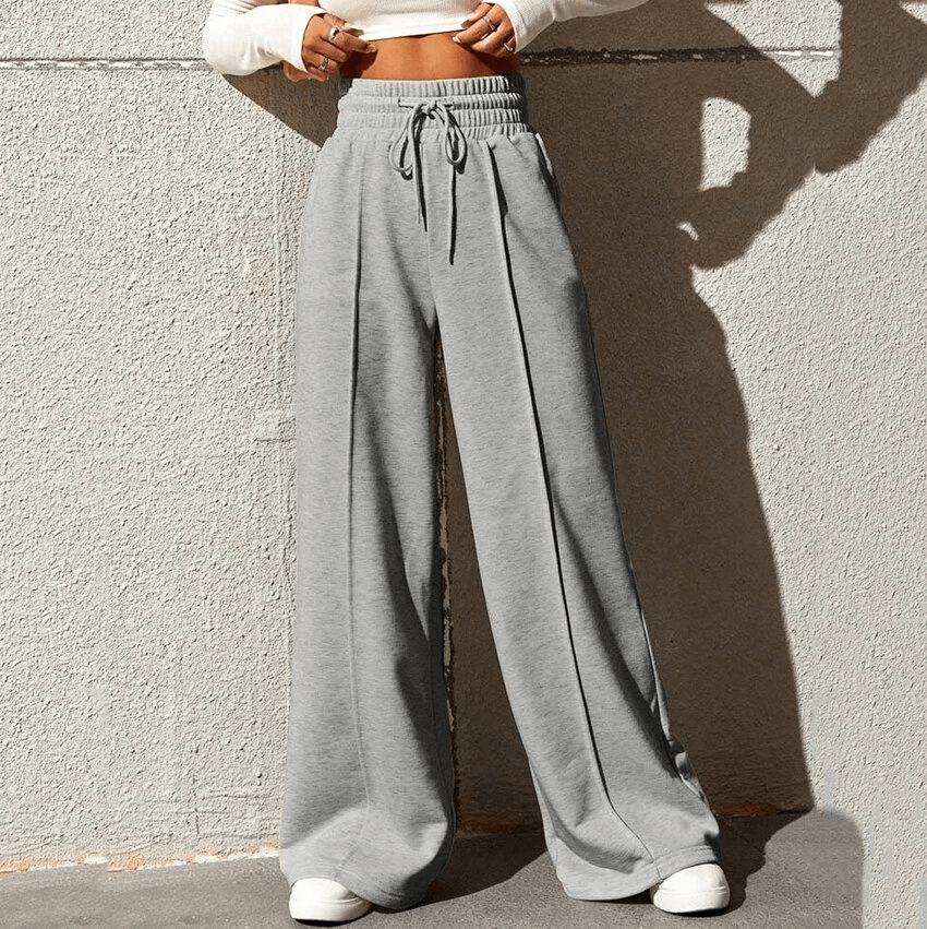 Women's drawstring pleated wide leg pants, high waist, gray, comfortable polyester blend, casual style, perfect for effortless elegance.