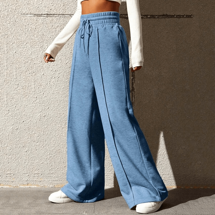 Women's blue drawstring pleated wide leg pants, high waist, comfortable polyester-spandex blend, perfect for effortless style.