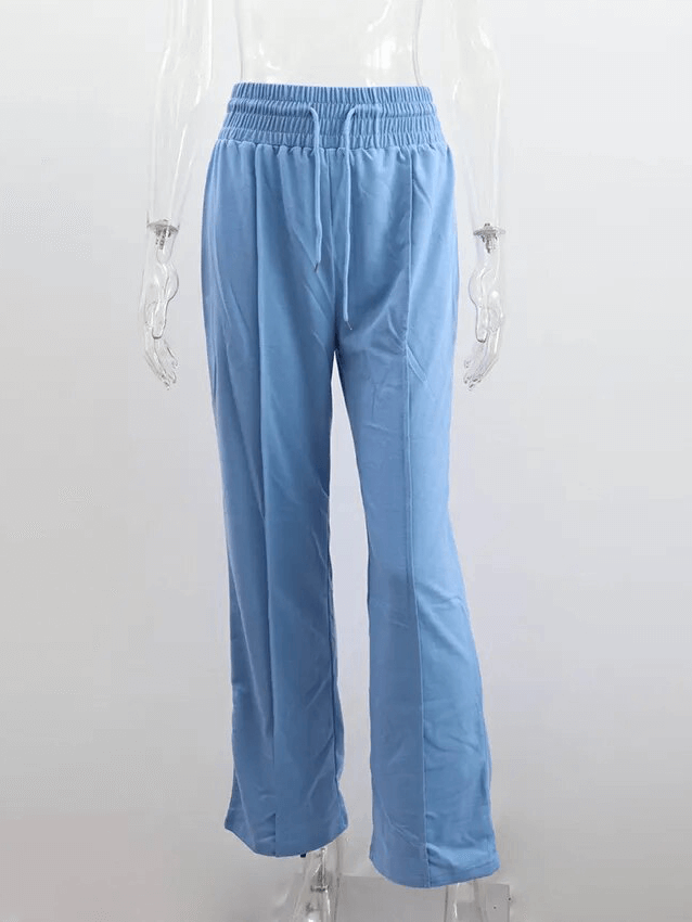 Light blue drawstring pleated wide leg pants for women; high waist, full length, and comfortable fit.