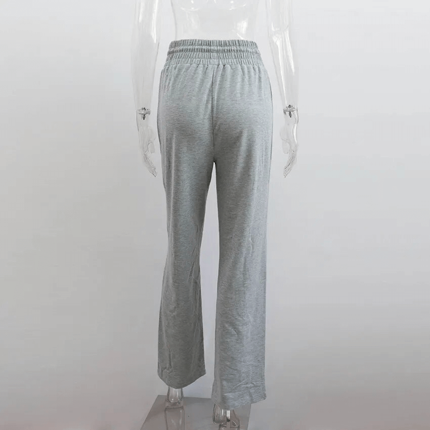 Back view of gray drawstring pleated wide leg straight pants for women, featuring high waist and solid print.
