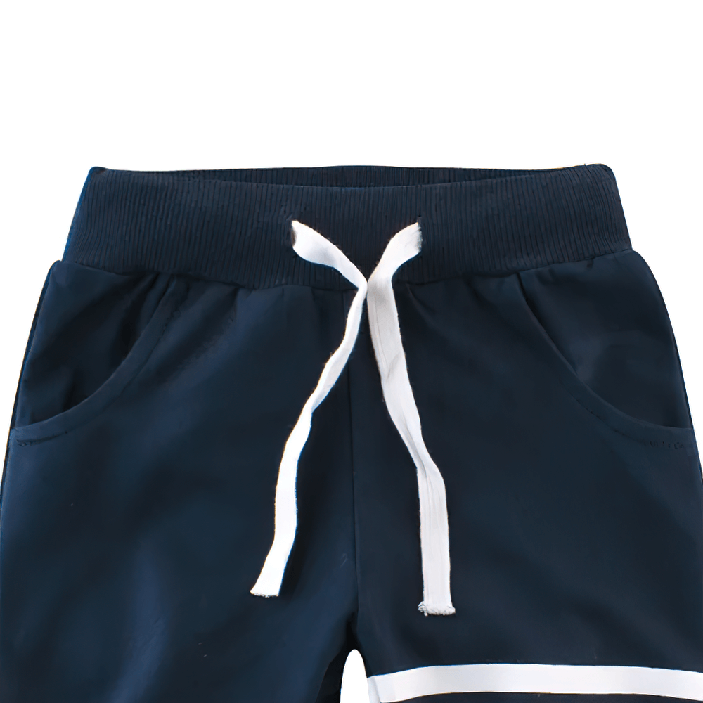 Drawstring Shorts with Sport Stripes for Boys - SF3789 featuring pockets and tie waist, ideal for active wear.