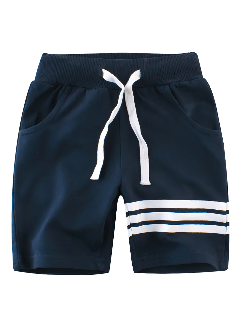 Navy Drawstring Shorts with Sport Stripes for Boys - SF3789, featuring side pockets, athletic design, and comfortable tie waist.
